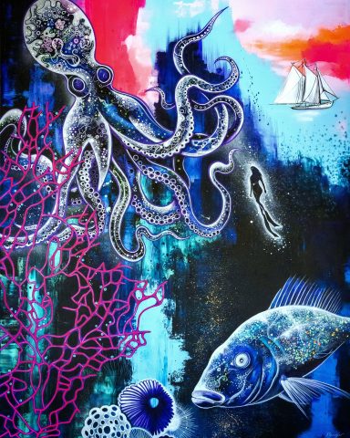 peinture abstraite représentant un fond marin dont la pieuvre domine la toile...