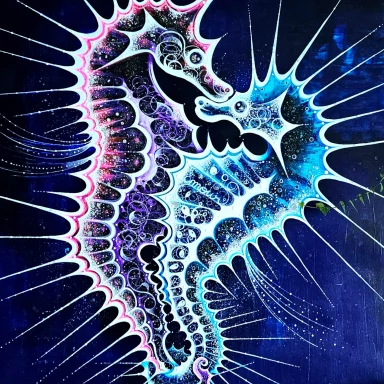 peinture abstraite représentant une un couple d'hippocampe sur fond bleu, intitulée Symbiose.