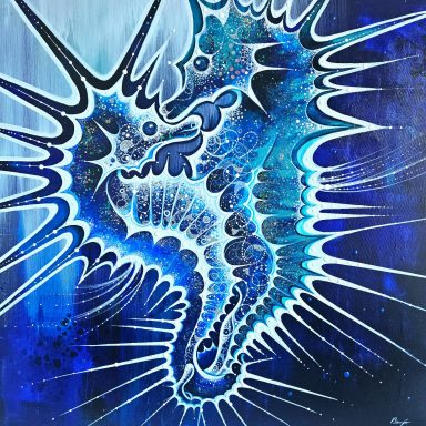 peinture abstraite représentant une un couple d'hippocampe sur fond bleu, intitulée Blues de toi.