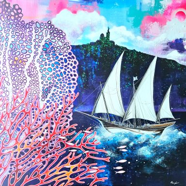 peinture abstraite représentant des coraux en premier plan. Suivi d'un voilier à 3 mats et pour fond Marseille.