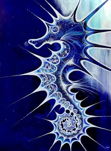 peinture abstraite représentant un hippocampe majestueux sur fond bleu, intitulée Boréal.