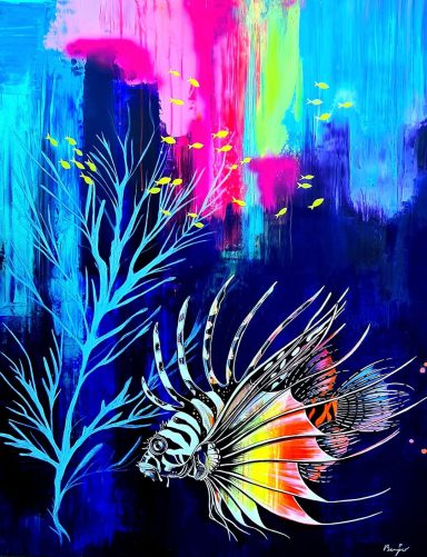 peinture abstraite représentant un poisson lion sur fond bleu, intitulée Canaille.